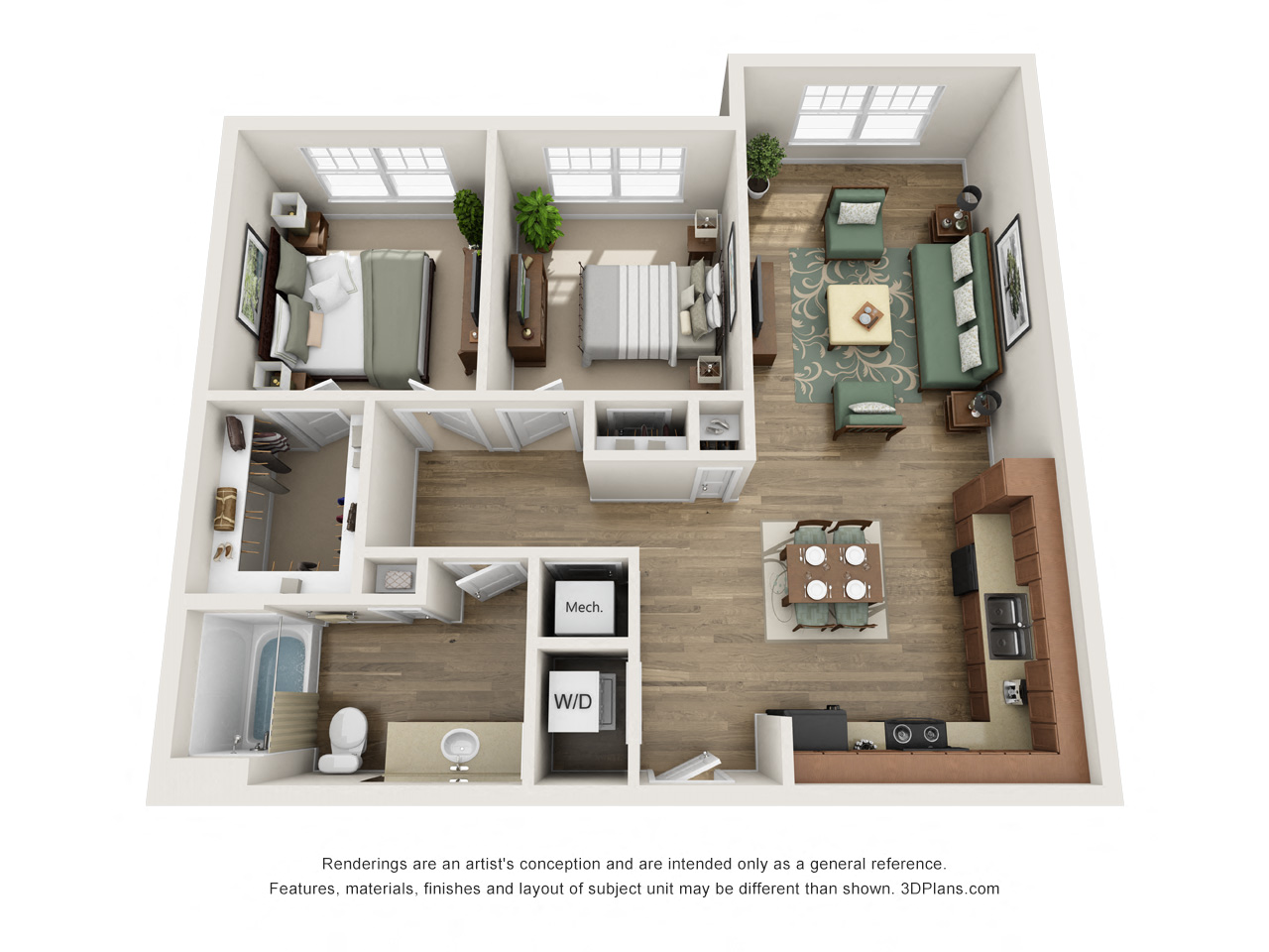 Floor plan for 2 beds, 1 bath, 895 sqft